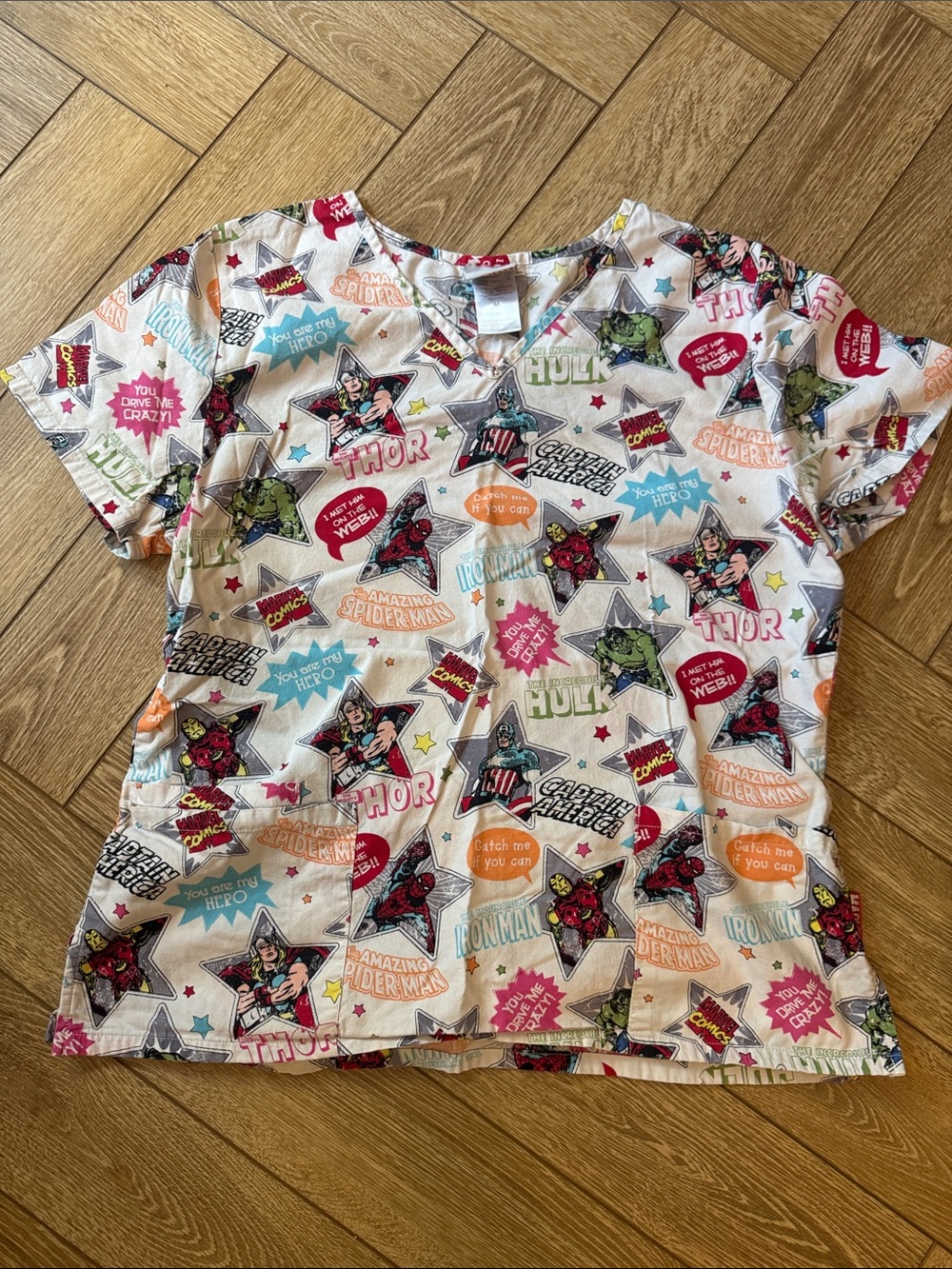 Marvel Women's Multicolor Comic Print Scrub Top